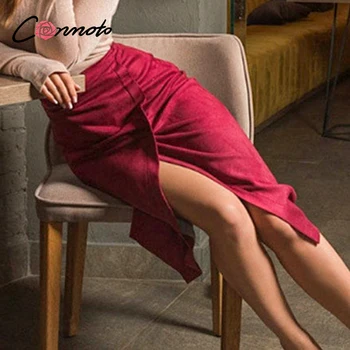 Conmoto aukšto juosmens kietas atsitiktinis sijonai moterims pavasario sijonai ritininės midi sijonas raudonas sude odos aukštosios mados derliaus sijonai