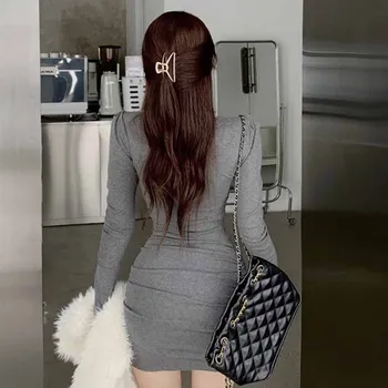 Vientisas Paprasta Suknelė Moterims Rudens Žiemos Elegantiškas V-Kaklo Medvilnės Slim Mini Suknelė Korėjos Seksualus Ilgomis Rankovėmis Suknelės 2020 Naujas Femme