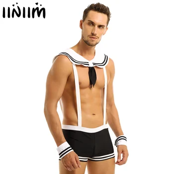 Iiniim Seksualus Vyrai Sailor Kostiumai Boksininkų Apatiniai Nustatyti Rave Komplektus Elastinės Petnešos kelnaites su Apykaklės, Rankogaliai Clubwear