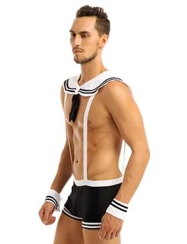 Iiniim Seksualus Vyrai Sailor Kostiumai Boksininkų Apatiniai Nustatyti Rave Komplektus Elastinės Petnešos kelnaites su Apykaklės, Rankogaliai Clubwear
