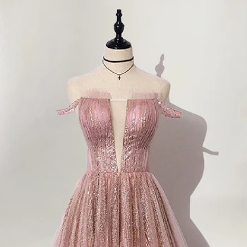 Elegantiškas, Putojantis 2021 Nauja Rožinė Oficialų Vakarinę Suknelę Ilgai Off Peties Rankovių Nėriniai Atgal Linija Prom Šalis, Chalatai J0808