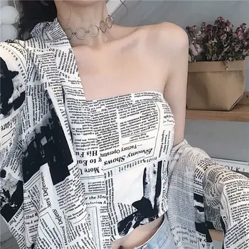 Palaidinės, Marškinėliai Moterims ilgomis Rankovėmis Laikraščio spausdinimo Prašmatnus Harajuku Streetwear Stilingi Moteriški Studentų Derliaus Sun-proof Atsitiktinis Retro