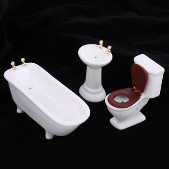 Prabanga Miniatiūriniai Lėlių Keraminių Vonios kambarys, Vonia Tualetas Baseino Nustatyti 3pcs