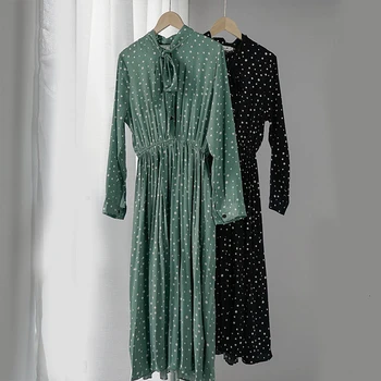 2020 Korėjos Stiliaus Suknelė Moterims Žalias Taškas Šifono Aukšto Juosmens Suknelė Lankas Apykaklės Plisuotos Suknelė Elegantiškas Ilgomis Rankovėmis Ponios Suknelė