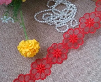 5 Metrų Karšto Pardavimo Raudona Grįžti Gana Unikalus Dizainas, Siuvinėta Organza Siuvimo Daisy Sun Flower Siuvimo Nėrinių Apdaila