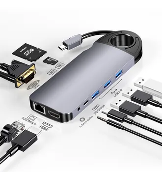 USB C HUB Tipo C iki Kelių 4K RJ45 HDMI VGA Gigabit Ethernet USB 3.0 HUB 10 1 Adapteris, USB Skirstytuvo PD Uostuose