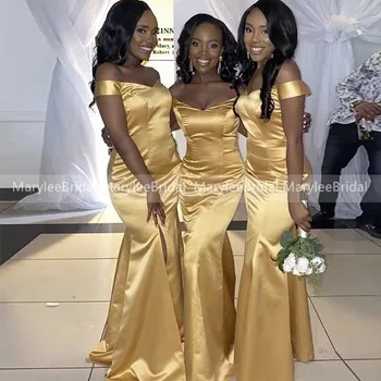 Afrikos Aukso Geltonos Bridesmaid Dresses 2020 Vestidos Ilgai Undinė Vestuvių Šalis Suknelė Off Peties Priekiniai Ritininės Vestuvių Suknelė Svečias