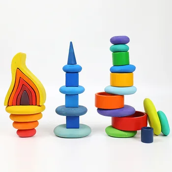 Kūdikių žaislų Didelis Dydis 16pcs Vaivorykštė akmens spalvinga formos Monterssori Švietimo mediniai žaislai Childeren