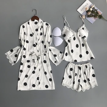 3 Vnt. Rinkinys Moterų Pižama Su Krūtinės Mygtukai V-Kaklo, Naktiniai Drabužiai Nėrinių Satin Soft Touch Pižamos