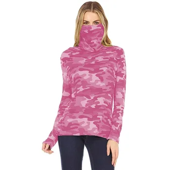 Lauko Saulės UV Apsauga Top Plius Dydis Moterų Atsitiktinis marškinėliai Camo Spausdinti Golfo Kaklo, ilgomis Rankovėmis marškinėliai Su Kauke