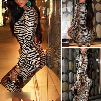 2020 M. Moteris Seksuali Suknelė Ilgomis Rankovėmis Slim Fit Golfo Ponios Tigras, Odos Spausdinami Šalies Bodycon Clubwear Apvalkalą Drabužiai