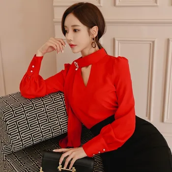 Foamlina Elegantiškas Moteris Korėjos Mados Raudona Palaidinė Marškinėliai 2019 Naują Pavasario Laivapriekio Kaklaraištis Juostelės Ant Kaklo Ilgai Žibintų Rankovės Atsitiktinis Darbas Marškinėliai