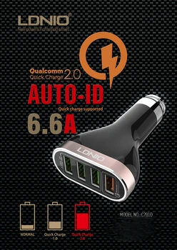 LDNIO C701Q 4 Port Greitai Įkrauti Qualcomm 2.0 LED Lemputė USB Automobilinis Įkroviklis +Kabelis DC 5V 6.6 A 