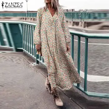 2021 ZANZEA Gėlių Maxi Suknelė Vintage Moterų Rudenį Sundress Atsitiktinis ilgomis Rankovėmis Atspausdintas Vestidos Moterų Baggy Drabužius, Plius Dydis