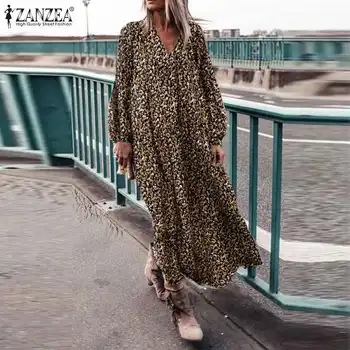 2021 ZANZEA Gėlių Maxi Suknelė Vintage Moterų Rudenį Sundress Atsitiktinis ilgomis Rankovėmis Atspausdintas Vestidos Moterų Baggy Drabužius, Plius Dydis