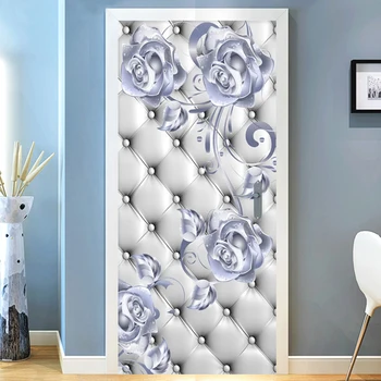 PVC Lipnios Vandeniui Durų Lipdukas 3D Stereo Sidabro Gėlės Minkštas Roll Freskos Šiuolaikinio Meno Durų Plakatas 3D Miegamojo Duris Decal
