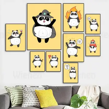 Mielas Panda Animacinių filmų Sienos Meno Geltonos Drobės Tapybos Šiaurės Plakatai, Spausdinami ir Gyvūnų Sienos Nuotraukas, Vaikams, Kūdikio Kambarys, vaikų Darželio Dekoras