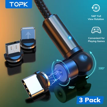 TOPK 3 pakuotės Magnetinio Kabelis 540 Pasukti Micro USB C Tipo Kabelis Magnetinio Įkrovimo Įkroviklio Laidą 