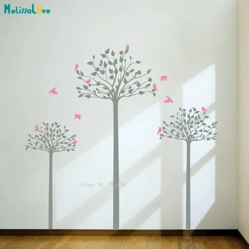 Trys Elegantiškas Medžiai su Paukščių Kokybės Vinilo Lipdukai Matinis Kambarį Custom Spalvų Sienų Lipdukai Nuimamas YT5630
