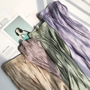 Vasarą moterys, blizgus, šilkinis blizgesys derliaus elegantiškas atsitiktinis midi sijonas 2020 m. aukštos juosmens plisuotas sijonas moterų lady spausdinti moterų sijonai