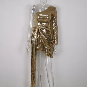 2020 Mados Moterų Vienos Pečių Ilgomis Rankovėmis Golden China Blizgučiai Šalis Suknelė Seksualus Sparkle Elegantiškas Shinny Puoštas Slim Mini Suknelė