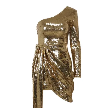 2020 Mados Moterų Vienos Pečių Ilgomis Rankovėmis Golden China Blizgučiai Šalis Suknelė Seksualus Sparkle Elegantiškas Shinny Puoštas Slim Mini Suknelė