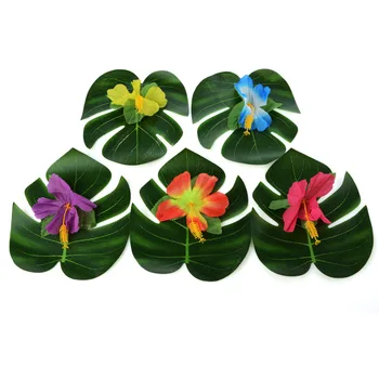 54Pcs Šalis Dekoro Prekių Atogrąžų Palmių Lapų, Hibiscus Gėlės Modeliavimas Lapų Havajų Džiunglėse Beach Party 