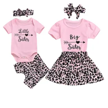 Didelis /mažas Sesuo 3pcs Baby Girl Sesuo derinti Drabužius T-Shirt Viršuje+Leopard Kelnės/Sijonas Apranga