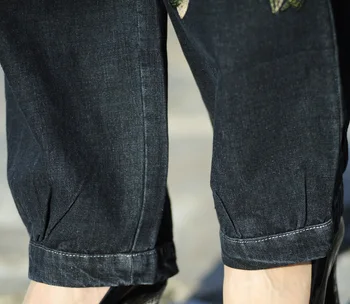 Kelnės moteriškos kelnės siuvinėjimo elastinga juosmens džinsinis platus kojų kelnės, moteriški džinsai nacionalinės vėjo atsitiktinis džinsinio audinio kelnės kelnės