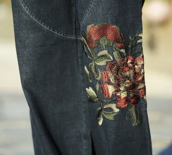 Kelnės moteriškos kelnės siuvinėjimo elastinga juosmens džinsinis platus kojų kelnės, moteriški džinsai nacionalinės vėjo atsitiktinis džinsinio audinio kelnės kelnės