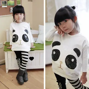 2016 Nauja Mada Vaikams, Mergaičių, Kūdikių Drabužiai Mergaitėms Kawaii Batwing ilgomis Rankovėmis Panda T-Shirt Viršuje+Dryžuotas Antblauzdžiai 2VNT Vaikams Rinkinys