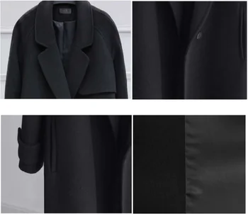 Moterų Ilgas Vilnos Kailis 2020 Juodas Paltas Diržo Over-The-Knee Office Rudens Ir Žiemos Paltai Plius Dydžio Striukės Kišenėje Moterų Outwear