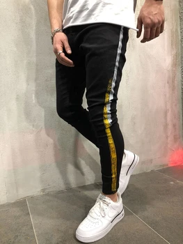 GMANCL Vyrų Auksas, sidabras juostele danga spausdinti Liesas džinsus Poilsiu Ruožas Slim Fit Black Homme Streetwear Hip-Hop Džinsinio audinio Kelnės