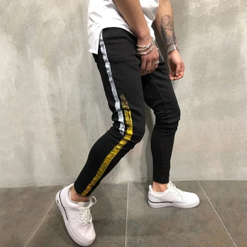 GMANCL Vyrų Auksas, sidabras juostele danga spausdinti Liesas džinsus Poilsiu Ruožas Slim Fit Black Homme Streetwear Hip-Hop Džinsinio audinio Kelnės
