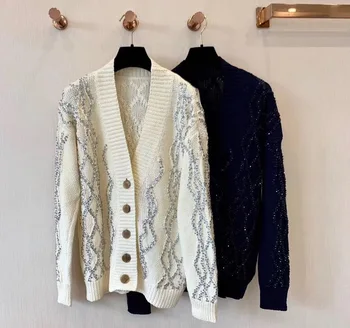 2019 moterų vilnos diamond blizgančiais džemperis cardigan