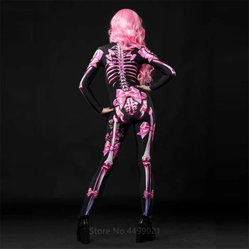 Rožinė Skeletas, Helovyno Cosplay Jumpsuit Perukas Moterų Baisu Kostiumas Baisu Fancy Dress Dieną Mirusiųjų Mumija Siaubo Karnavalas Šalis