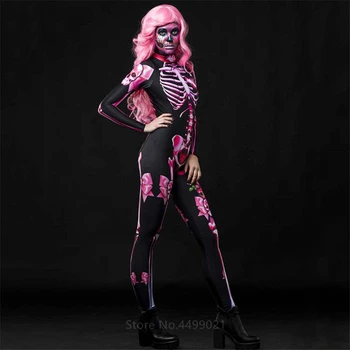 Rožinė Skeletas, Helovyno Cosplay Jumpsuit Perukas Moterų Baisu Kostiumas Baisu Fancy Dress Dieną Mirusiųjų Mumija Siaubo Karnavalas Šalis