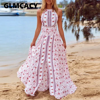 Moterims Gėlių Spausdinti Rankovių Aukštos Sllit Maxi Suknelė Vasaros Off Peties Saldus Vasaros Boho Paplūdimio Atostogų Suknelė