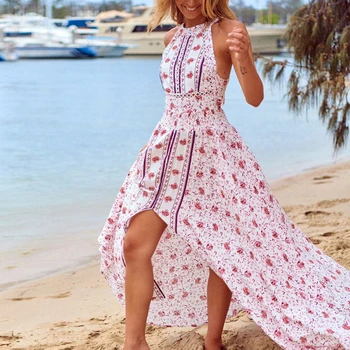 Moterims Gėlių Spausdinti Rankovių Aukštos Sllit Maxi Suknelė Vasaros Off Peties Saldus Vasaros Boho Paplūdimio Atostogų Suknelė