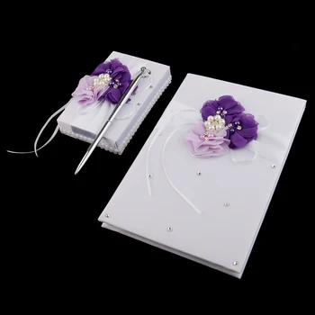 1 Set Crystal White Satin Gėlių Vestuvių Svečių Knyga & Pasirašymo Pen Nustatyti Vestuves Reikmenys, Papuošalai