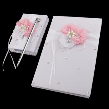 1 Set Crystal White Satin Gėlių Vestuvių Svečių Knyga & Pasirašymo Pen Nustatyti Vestuves Reikmenys, Papuošalai