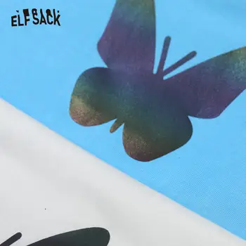 ELFSACK Harajuku Mėlynas Drugelis Spausdinti Atsitiktinis Marškinėliai Moterims Apkarpyti Viršūnes 2020 Metų Vasaros ELF Balti trumpomis Rankovėmis korėjos Girly Dienos Topai
