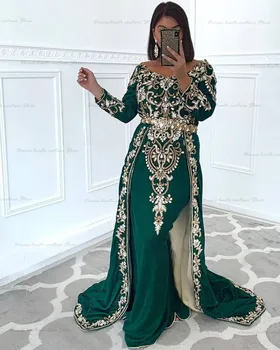 Maroko Caftan Vakaro Suknelės Žalia Formalūs Oficialių Aukso Nėrinių Appliques Duobute Dubajus Šalies Kaftan Chalatai Užsakymą