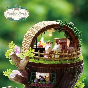 Surinkti PASIDARYK pats Medinis Namas Medinių Žaislų Miniatura Lėlės, Namai Rinkinys Miniatiūriniai Lėlių, žaislų, Su Baldais LED Žibintai Gimtadienio Dovana