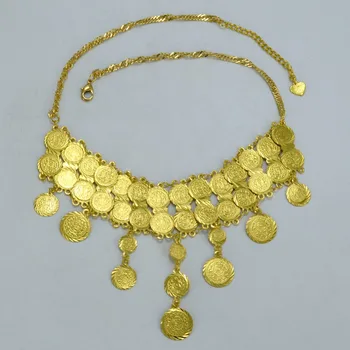 Anniyo 43cm + 6cm Metalo Monetos Karoliai Moterų/Merginų,Arabų Aukso Spalvos Monetų Pakabukai Artimųjų Rytų Papuošalai Afrikos Dovanos #063806