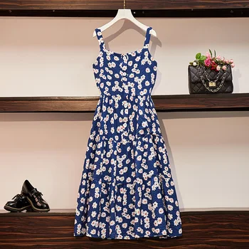 COIGARSAM 4XL Plius Dydis Derliaus Gėlių Spausdinti Moterų suknelė Naujas Vasaros Spageti Dirželis Suknelės Mėlyna 6053