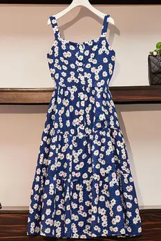 COIGARSAM 4XL Plius Dydis Derliaus Gėlių Spausdinti Moterų suknelė Naujas Vasaros Spageti Dirželis Suknelės Mėlyna 6053