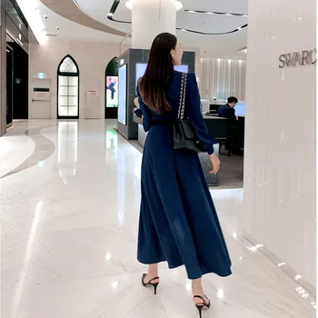 2021 m. Pavasarį Streetwear Atsitiktinis Moteris ilgomis Rankovėmis Chalatas, Nesimetriškas Maxi Suknelė Moterims V Kaklo su Varčias Kietas Suknelės Vestidos