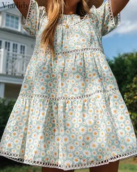 Atsitiktinis Gėlių Nėrinių Įterpti-line Suknelė Moterims Vasaros trumpomis Rankovėmis Tuščiaviduriai Iš Mini Suknelė