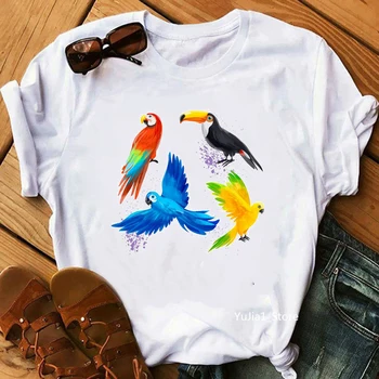 Karšto pardavimo akvarelė tukanas Papūgos naminių paukščių, gyvūnų spausdinti balti marškinėliai moterims vasaros top tee harajuku kawaii marškinėlius streetwear